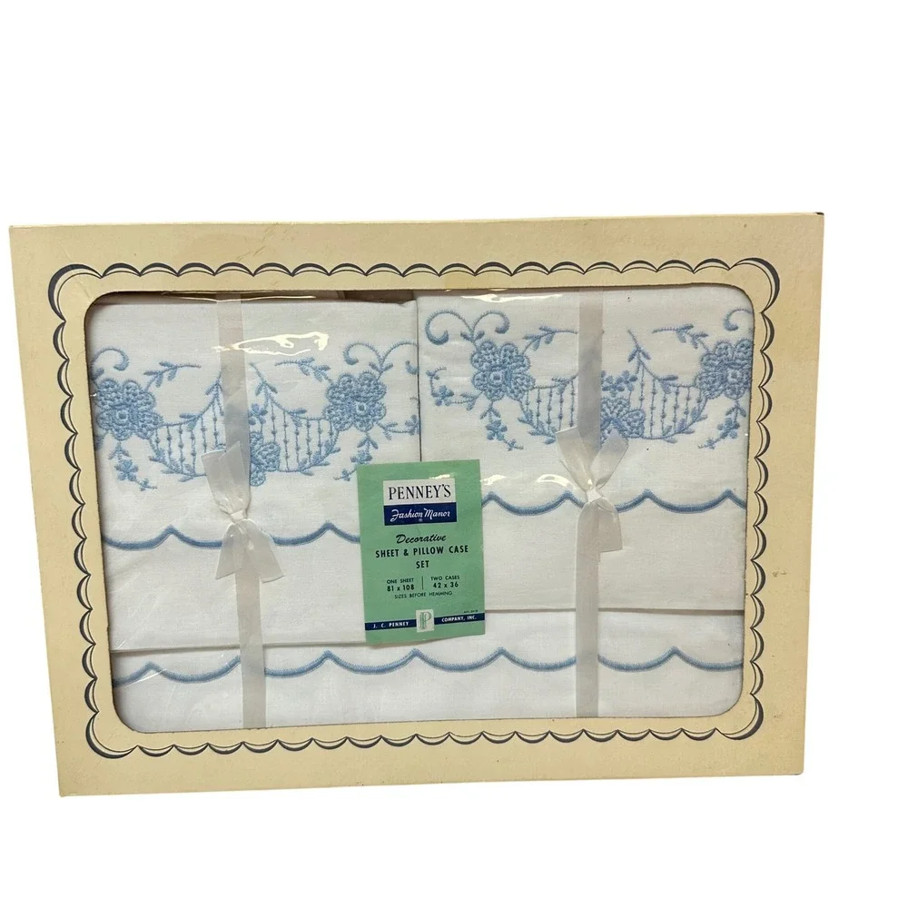 Vintage Penneys Fashion Manor Embroidered Sheet Pillowcase Set Blue Floral White